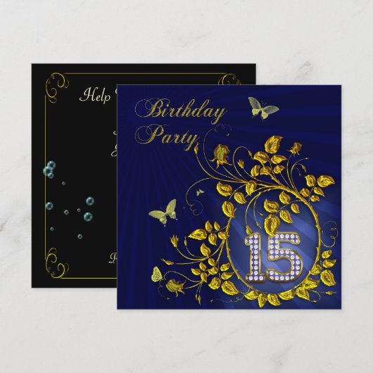 Zwart en goud 15e verjaardagsfeest kaart (Voorkant / Achterkant)
