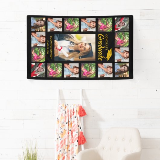 Zwart en goud 17 Photo Collage Graduation Party Spandoek (Insitu)