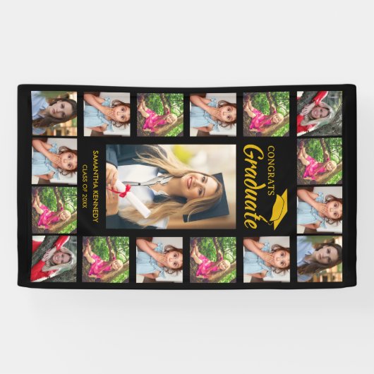 Zwart en goud 17 Photo Collage Graduation Party Spandoek (Horizontaal)