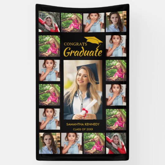 Zwart en goud 17 Photo Collage Graduation Party Spandoek (Verticaal)