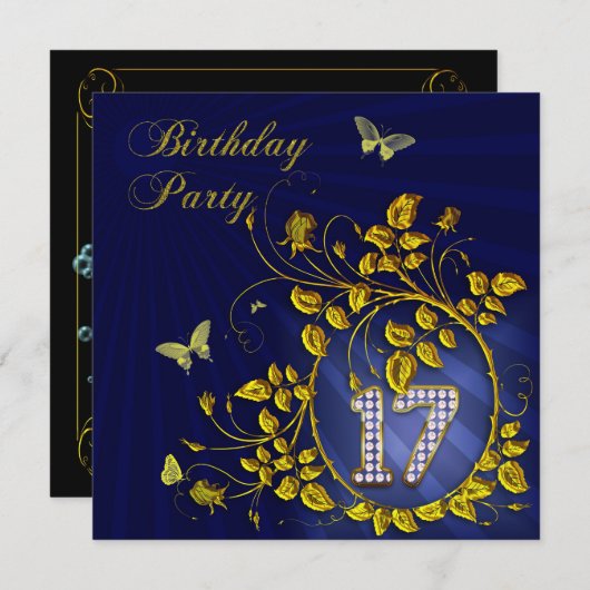 Zwart en Goud 17e Verjaardagsfeest Kaart (Voorkant / Achterkant)