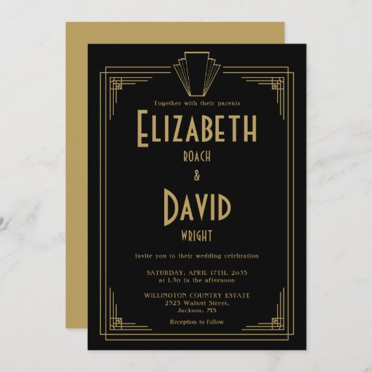 Zwart en goud 1920 Art Deco bruiloft Kaart (Voorkant / Achterkant)