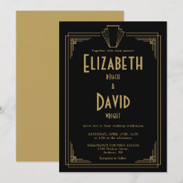 Zwart en goud 1920 Art Deco bruiloft Kaart