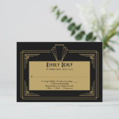 Zwart en goud 1920 Art Deco bruiloft RSVP Kaartje (Staand voorkant)
