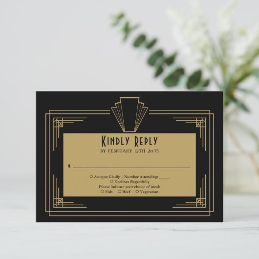 Zwart en goud 1920 Art Deco bruiloft RSVP Kaartje (Staand voorkant)