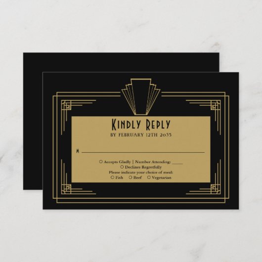 Zwart en goud 1920 Art Deco bruiloft RSVP Kaartje (Voorkant / Achterkant)