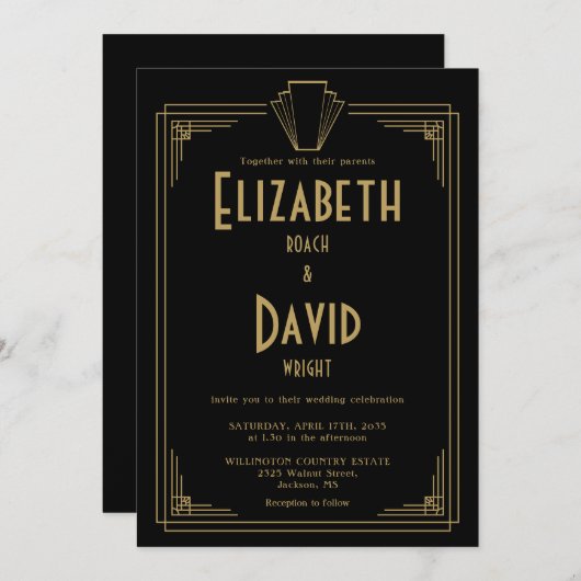 Zwart en goud 1920s Art Deco Monogram bruiloft Kaart (Voorkant / Achterkant)