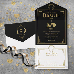 Zwart en goud 1920s Art Deco Monogram Huwelijk All In One Uitnodiging