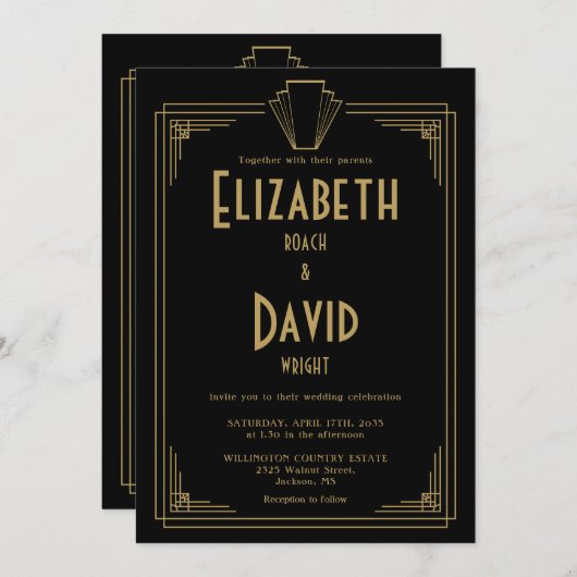 Zwart en goud 1920s Art Deco QR Code Huwelijk Kaart (Voorkant / Achterkant)