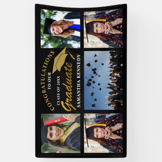 Zwart en goud 2023 Afstuderen 5 Foto collage Spandoek (Verticaal)