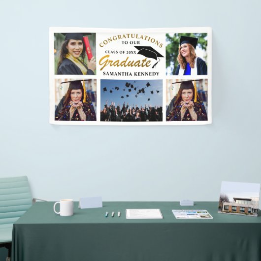 Zwart en Goud 2025 Afstuderen 5 Fotocollage Spandoek (Beurs)