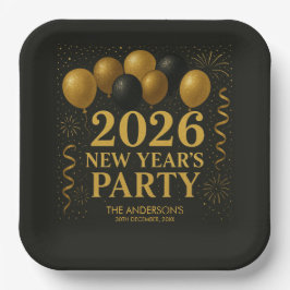 Zwart en goud 2026 Nieuwjaarsfeest Papieren Bordje