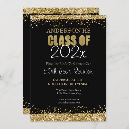 Zwart en Goud 20e Jubileum Schooluitnodiging Kaart (Voorkant / Achterkant)