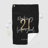 Zwart en goud 21ste verjaardag modern script stijl golfhanddoek (Insitu)