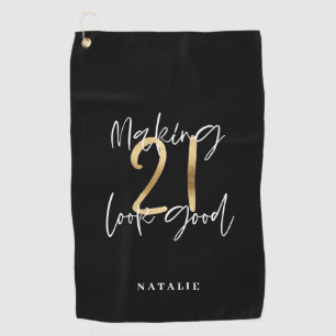 Zwart en goud 21ste verjaardag modern script stijl golfhanddoek