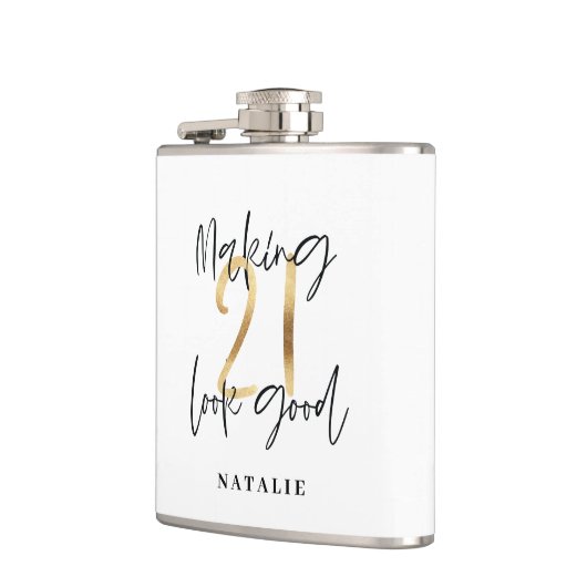 Zwart en goud 21ste verjaardag modern script stijl heupfles (Links)