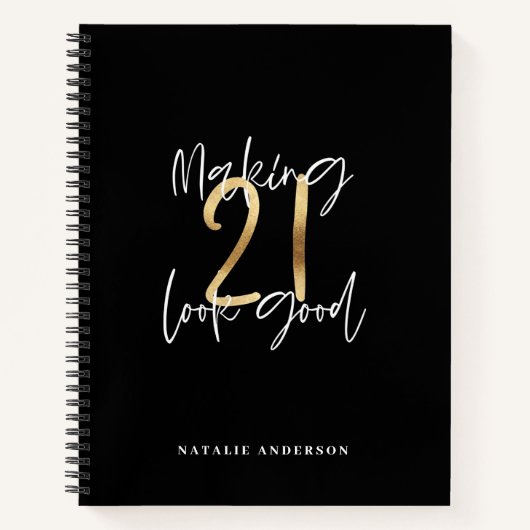 Zwart en goud 21ste verjaardag modern script stijl notitieboek (Voorkant)