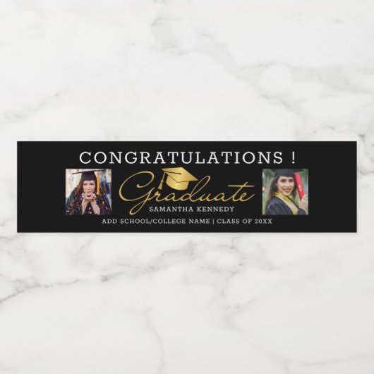 Zwart en Goud 2 Foto 2025 Afstudeerfeest Waterfles Etiket (Enkel label)