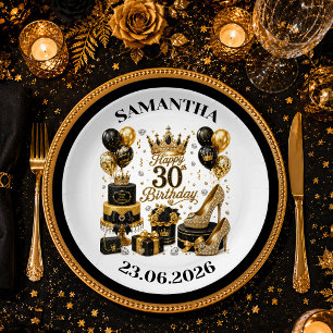 Zwart en Goud 30e Verjaardag Glam Party Borden Set Papieren Bordje
