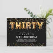 Zwart en goud 30ste verjaardag ballonnen kaart (Staand voorkant)