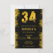 Zwart en goud 34e verjaardagsfeestje kaart (Voorkant)