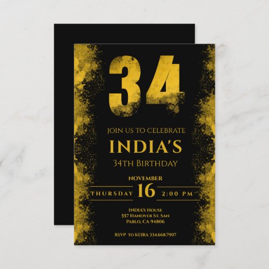 Zwart en goud 34e verjaardagsfeestje kaart (Voorkant / Achterkant)