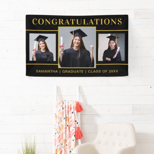 Zwart en Goud 3 Foto Afstuderen Gefeliciteerd Spandoek (Insitu)