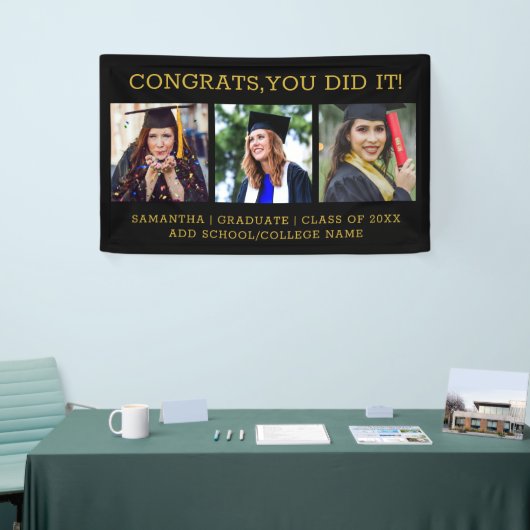 Zwart en Goud 3 Fotocollage Congrats Afstudeerder Spandoek (Beurs)