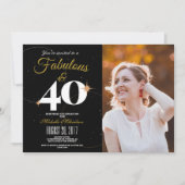 Zwart en Goud | 40 & Fabulous Verjaardag Foto Kaart (Voorkant)