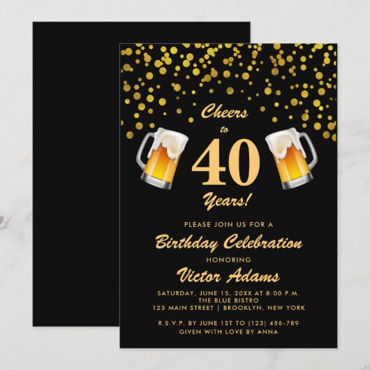 Zwart en Goud 40e Verjaardag | Proost en bier Kaart (Voorkant / Achterkant)