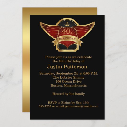 Zwart en Goud 40e Verjaardagsfeestuitnodiging Kaart (Voorkant / Achterkant)