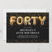Zwart en goud 40ste verjaardag ballonnen kaart (Voorkant)