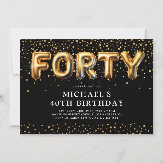 Zwart en goud 40ste verjaardag ballonnen kaart (Voorkant)