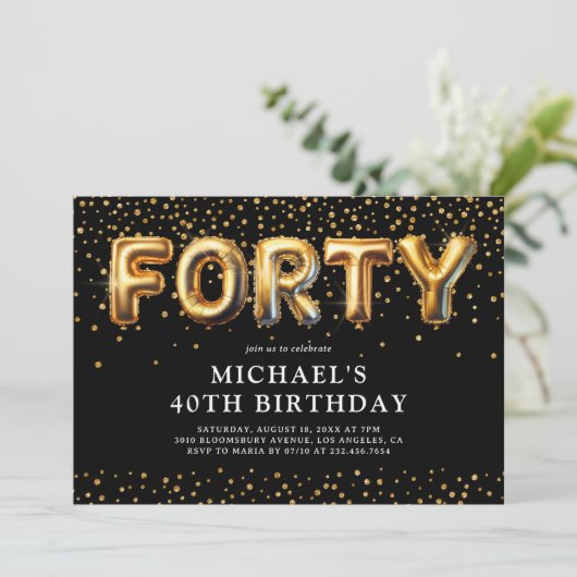 Zwart en goud 40ste verjaardag ballonnen kaart (Staand voorkant)