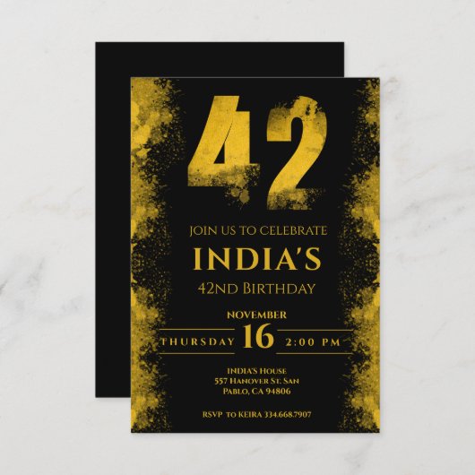 Zwart en goud 42e verjaardagsfeestje kaart (Voorkant / Achterkant)