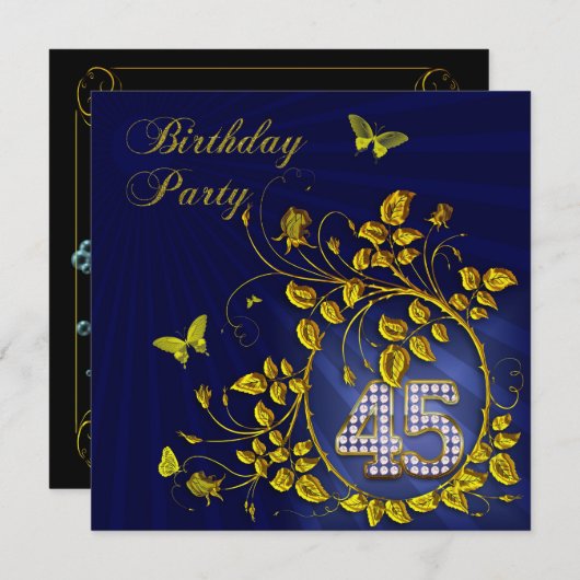 Zwart en Goud 45ste verjaardagsfeest Kaart (Voorkant / Achterkant)