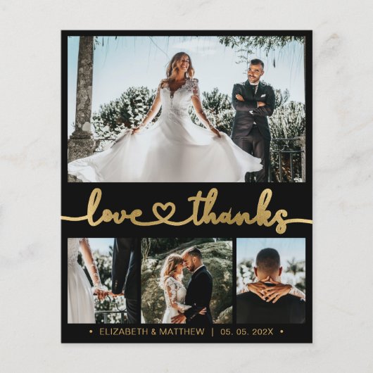Zwart en goud 4 foto collage bruiloft Dank u Flyer (Voorkant)