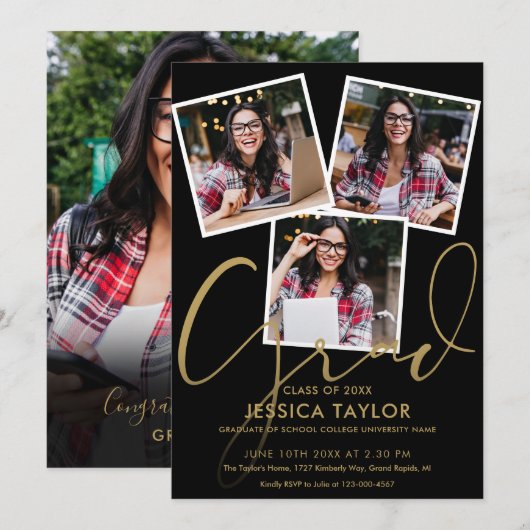 Zwart en goud 4 foto collage diploma-uitreikingsfe kaart (Voorkant / Achterkant)