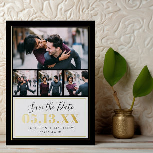 Zwart en Goud 4 Foto Save the Date Echt Folie Uitnodiging