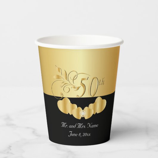 Zwart en goud 50e Jubileum / Birthday Papieren Bekers (Achterkant)