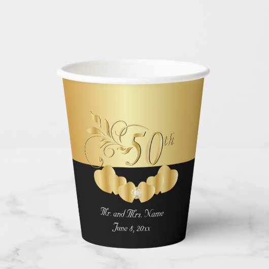 Zwart en goud 50e Jubileum / Birthday Papieren Bekers (Voorkant)