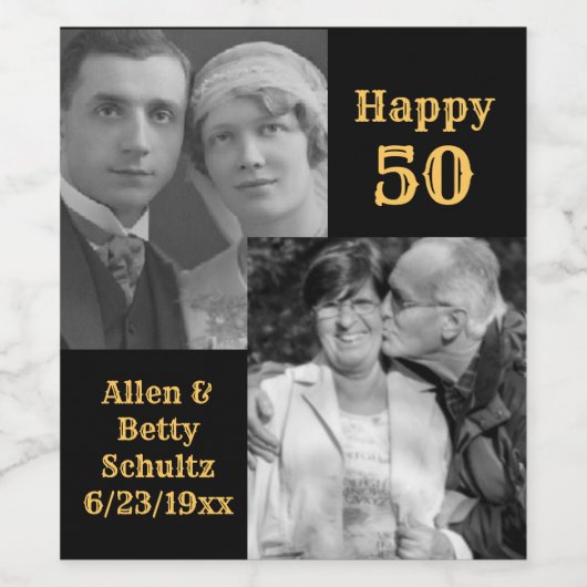 Zwart en Goud 50e Jubileum Gepersonaliseerde Foto Wijn Etiket (Enkel label)
