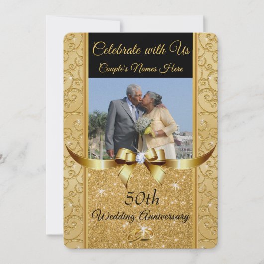 Zwart en Goud 50e Verjaardag FOTO Uitnodigingen (Voorkant)