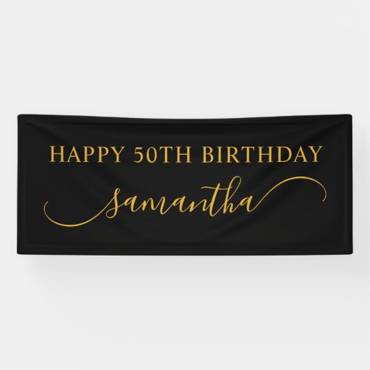 Zwart en goud 50e verjaardag gebogen swash naam spandoek (Horizontaal)