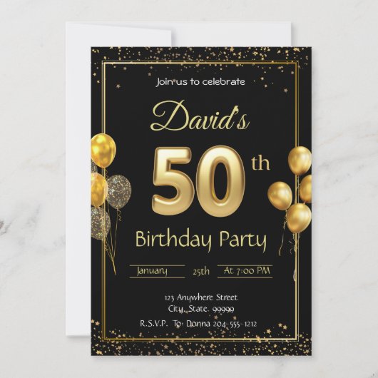 Zwart en Goud 50e Verjaardag Uitnodiging (Voorkant)