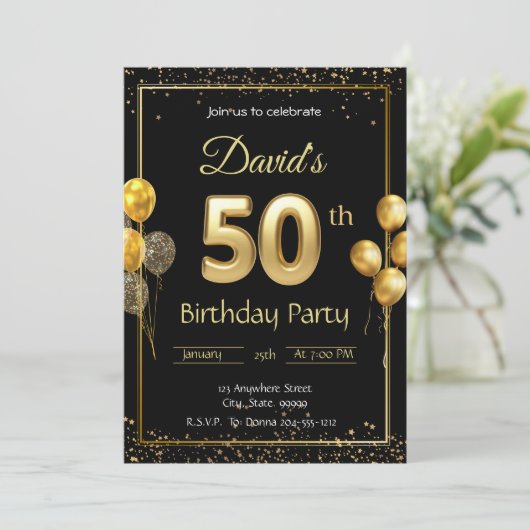 Zwart en Goud 50e Verjaardag Uitnodiging (Staand voorkant)
