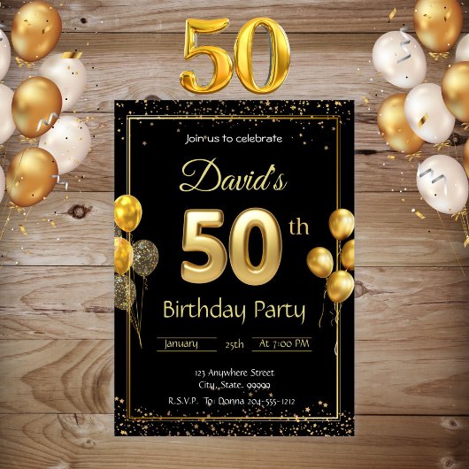 Zwart en Goud 50e Verjaardag Uitnodiging