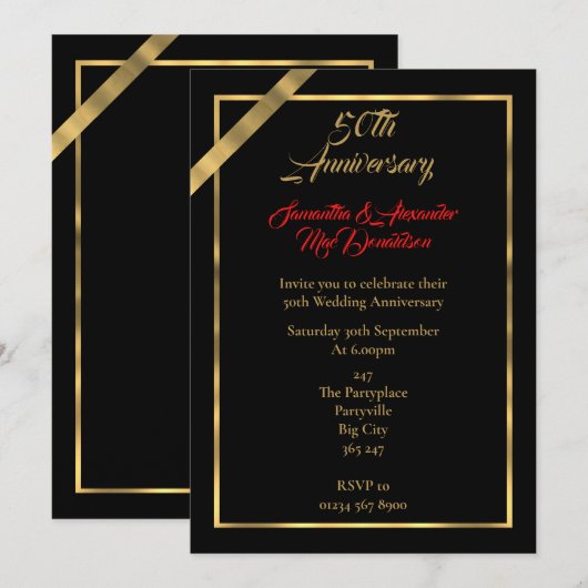 Zwart en goud 50ste trouwdag kaart (Voorkant / Achterkant)