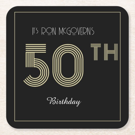 Zwart en goud 50ste verjaardag Retro Stripe Print Kartonnen Onderzetters (Voorkant)