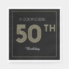 Zwart en goud 50ste verjaardag Retro Stripe Print Servet
